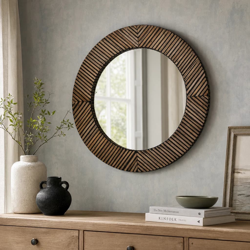 Bambusa Black Bamboo Inlay Round Wall Mirror - Decorative, photo 1 of 6