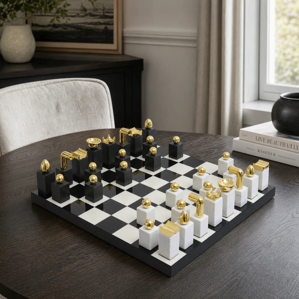 Flos Black White and Gold Marble Modern Chess Set - Decorative, photo 1 of 8