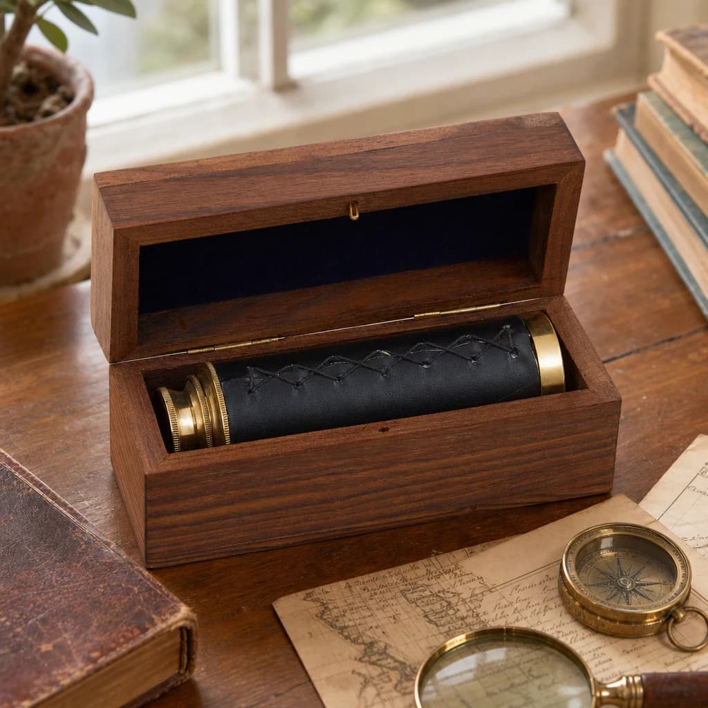Churchill Brown Leather Effect Telescope With Wooden Box - Decorative, photo 1 of 8