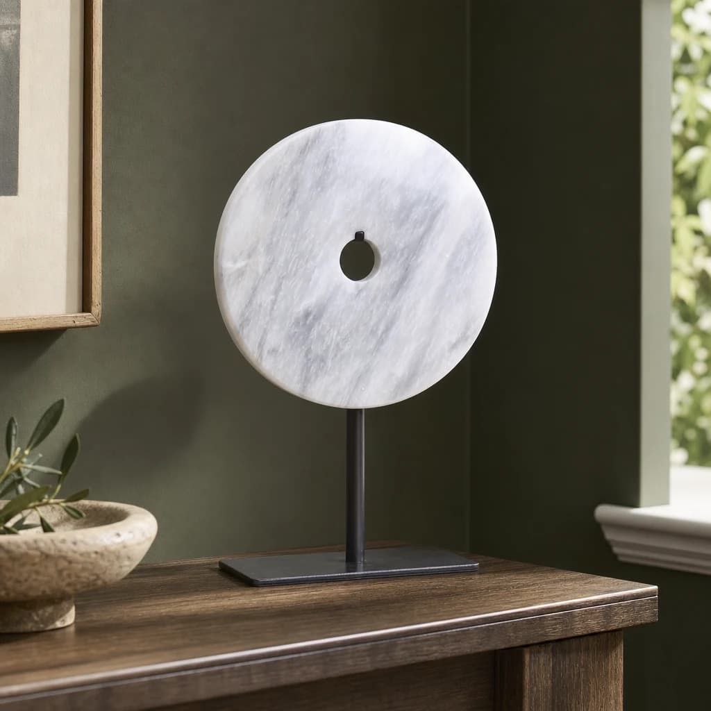 Zoro Small Round Dia 20cm White Marble Disc Sculpture - Decorative, photo 1 of 8