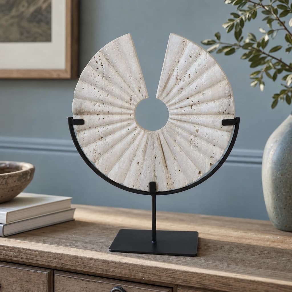 Tibor Travertine Ridged Disc Sculpture with Black Metal Base - Decorative, photo 1 of 8