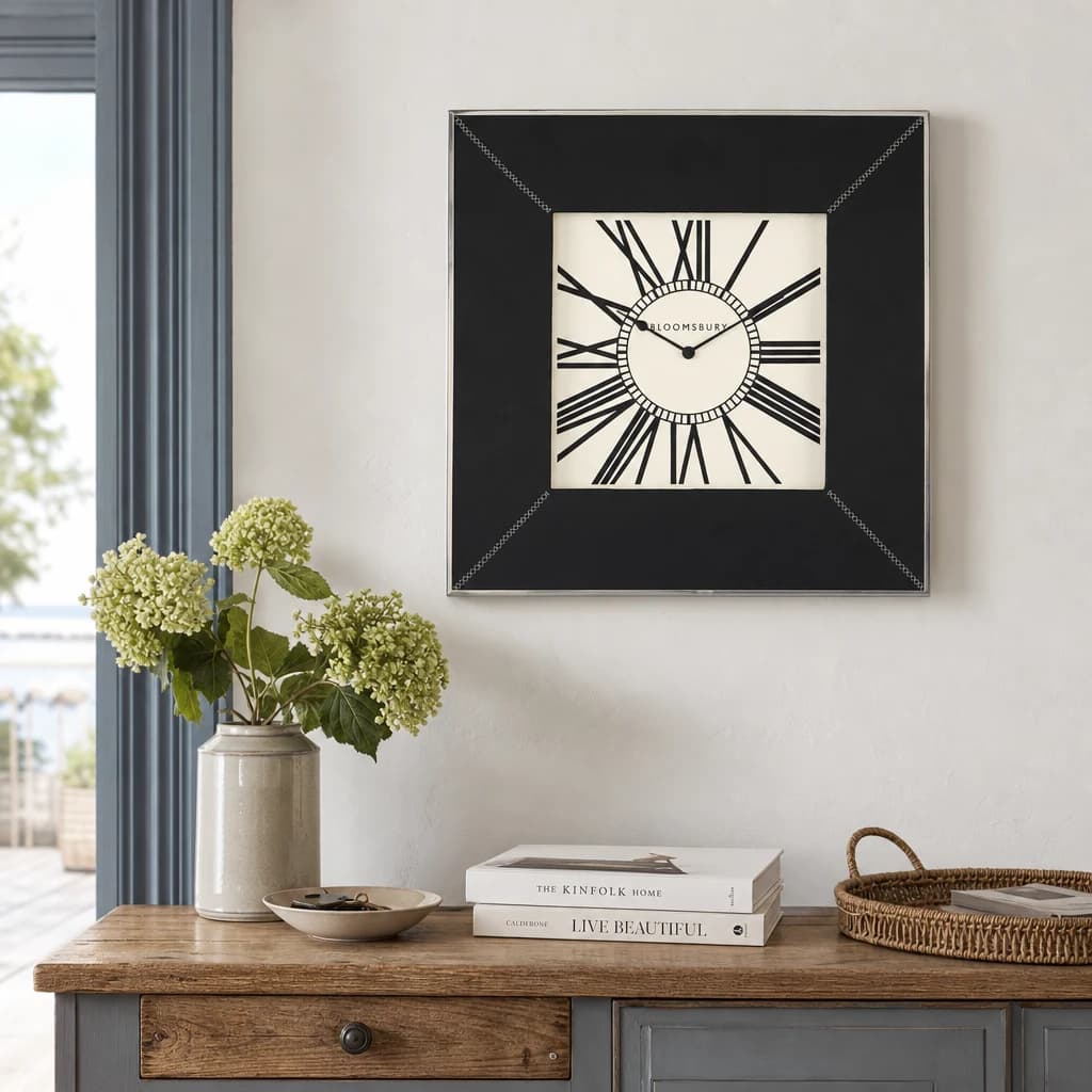 Kensington Townhouse Black Leather Effect Square Wall Clock - Decorative, photo 1 of 4
