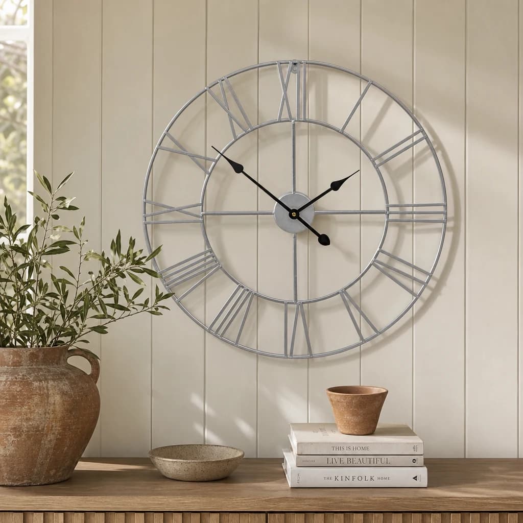 Genova 60cm Dia Silver Metal Roman Numeral Wall Clock - Decorative, photo 1 of 7
