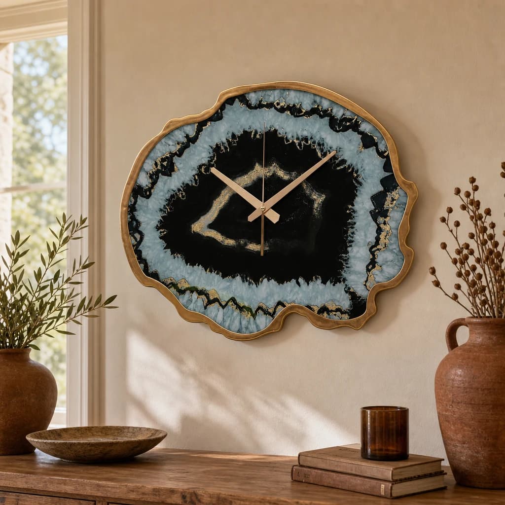 Celina Black And Gold Agate Effect Wall Clock - Decorative, photo 1 of 8
