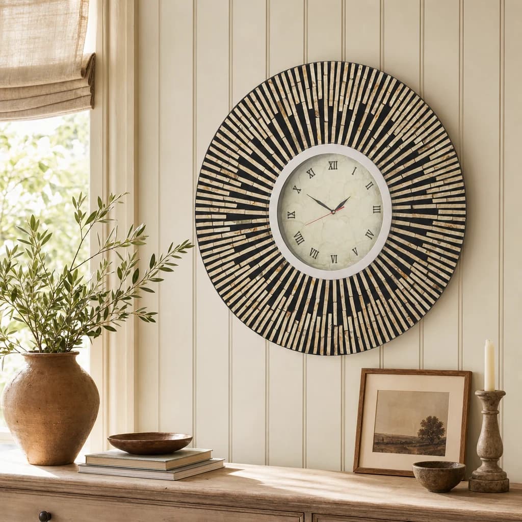 Palu 75cm Dia Black and Natural Shell Wall Clock - Decorative, photo 1 of 7