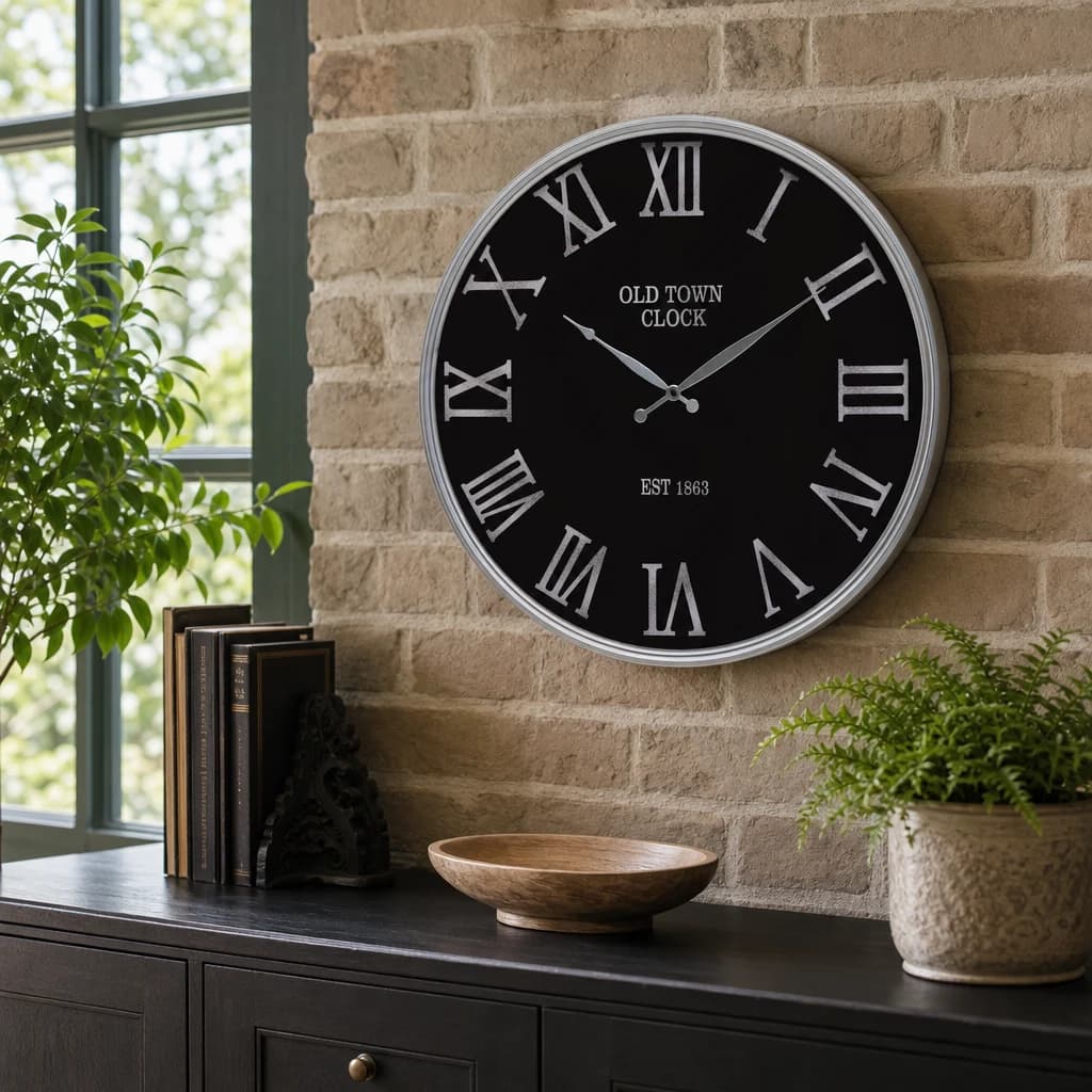Kent 60cm Dia Black and Silver Wall Clock - Decorative, photo 1 of 8