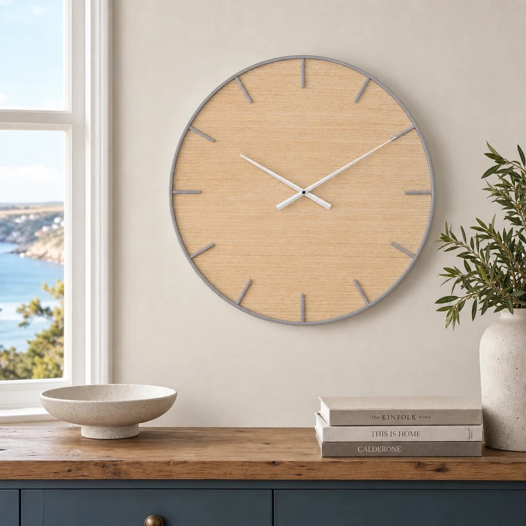 Kent 60cm Dia Silver and Natural Wall Clock - Decorative, photo 1 of 8