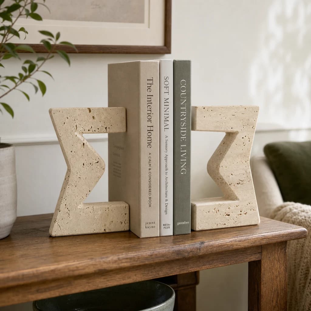 Tibor Travertine Set of Two Sigma Bookends - Decorative, photo 1 of 6