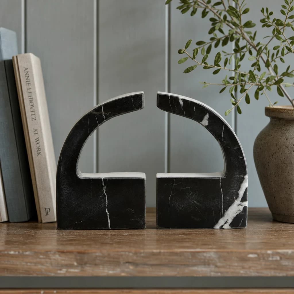 Zoro Black and White Marble Set of Two Comma Bookends - Decorative, photo 1 of 5