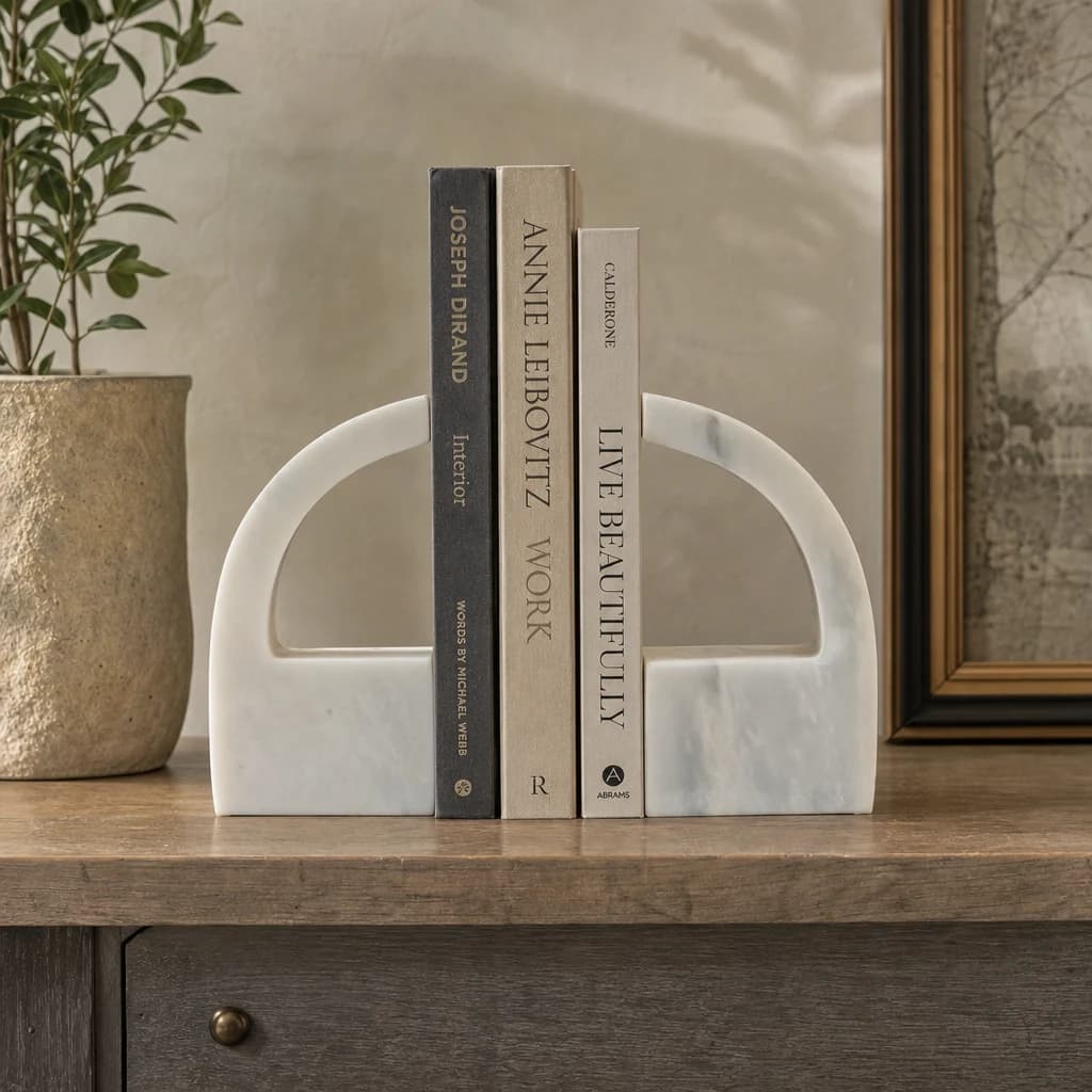 Zoro White Marble Set of Two Comma Bookends - Decorative, photo 1 of 5