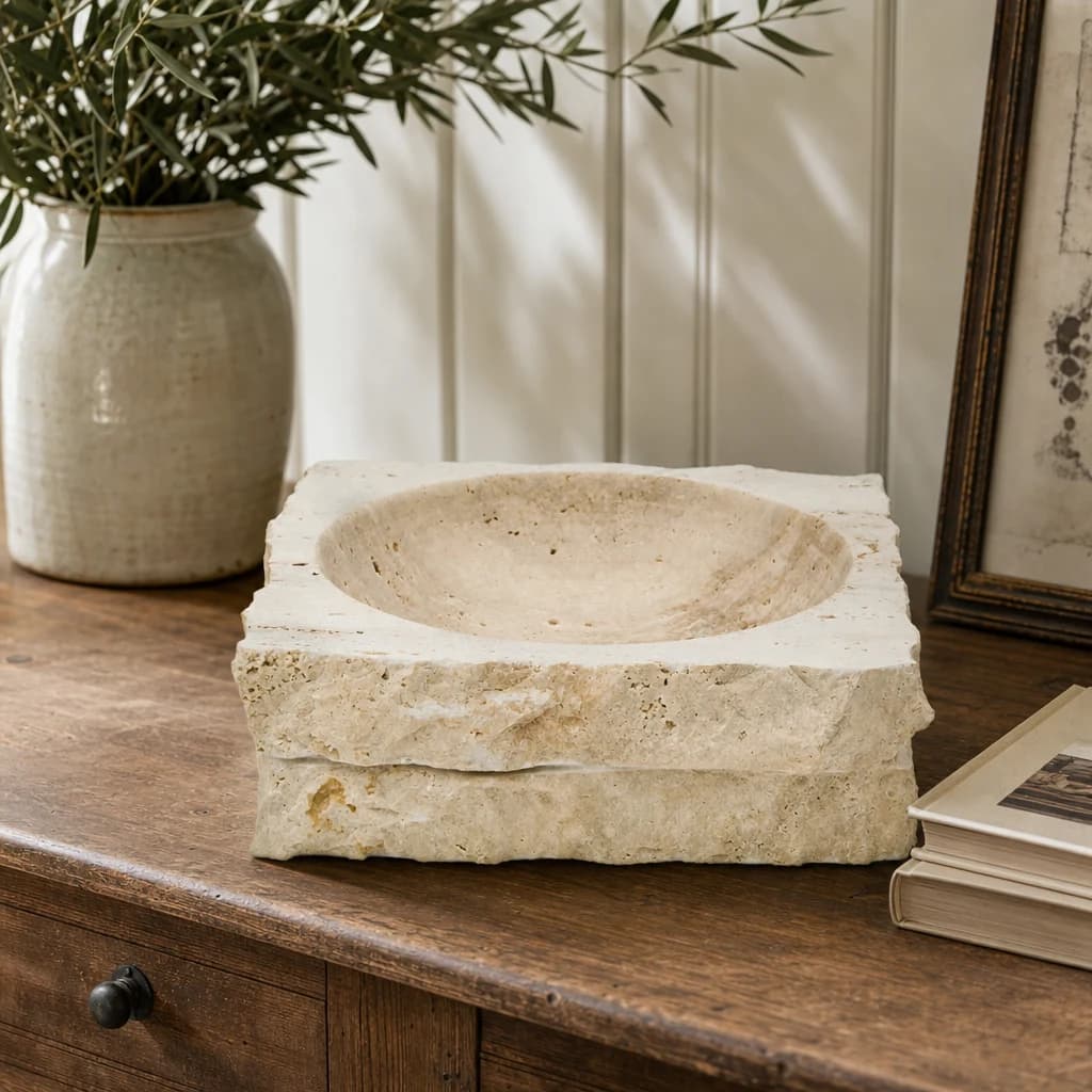 Tibor Travertine Rough Edge Square Bowl - Decorative, photo 1 of 6