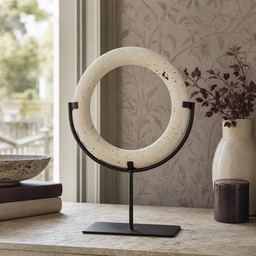 Tibor Travertine Ring Sculpture on Metal Stand - Decorative, photo 1 of 7