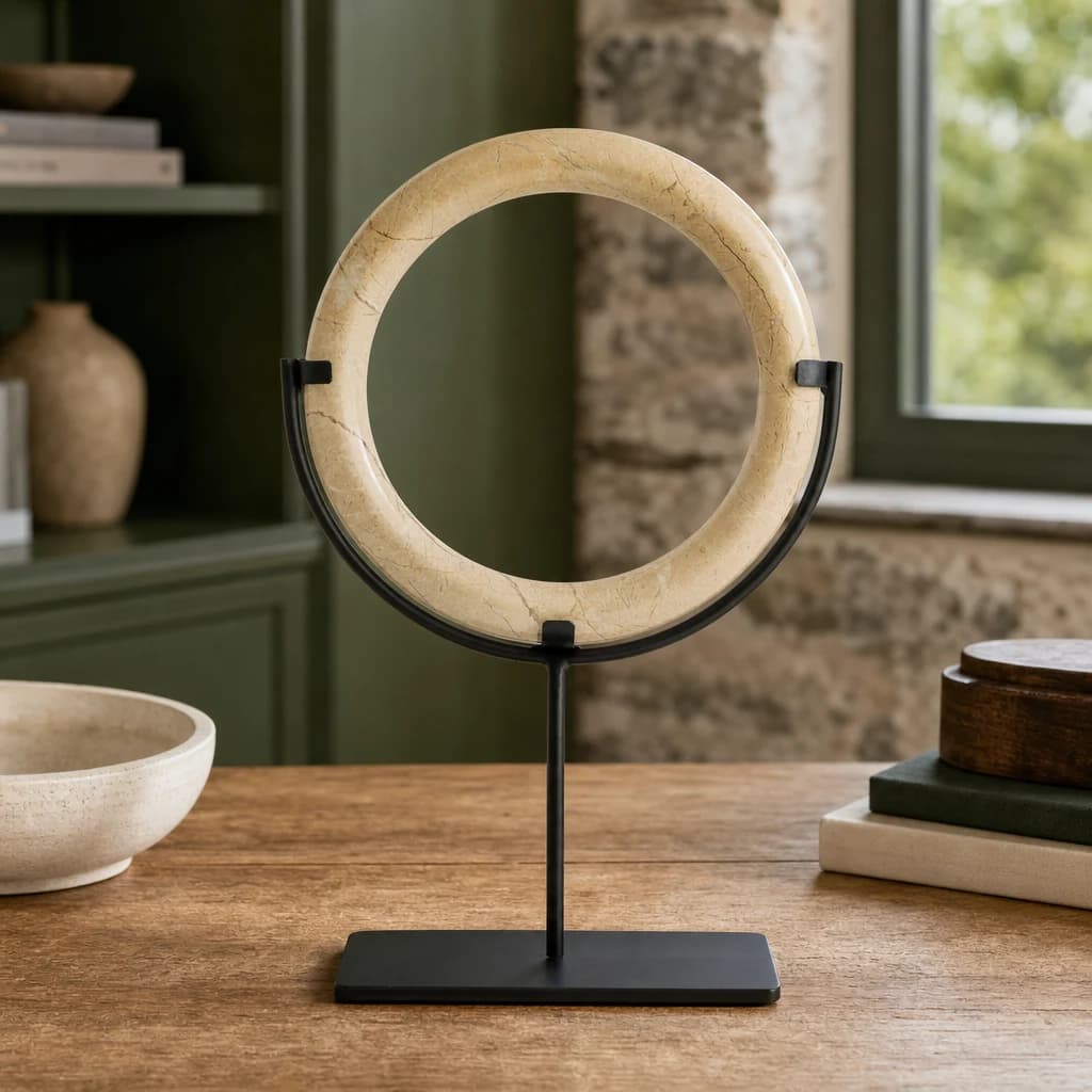 Zoro Cream Marble Ring Sculpture on Metal Stand - Decorative, photo 1 of 7