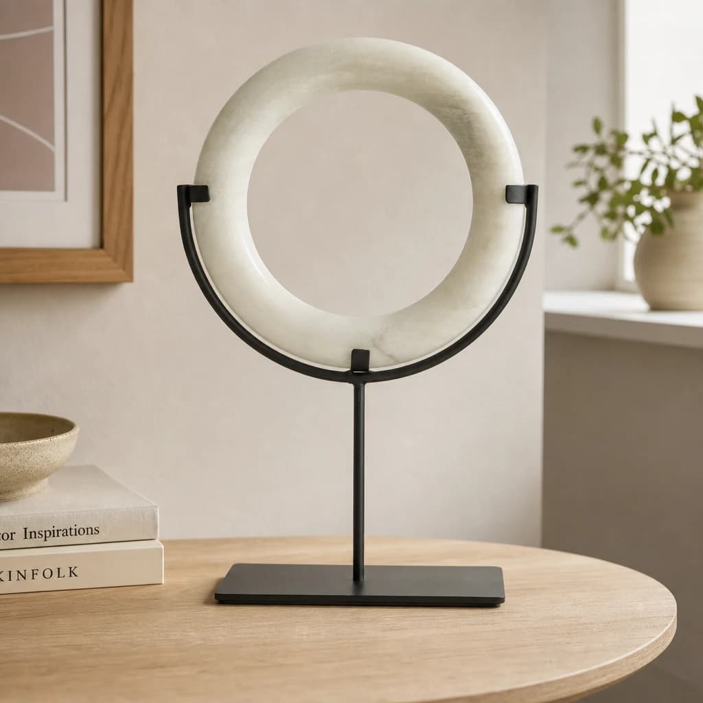 Zoro White Marble Ring Sculpture on Metal Stand - Decorative, photo 1 of 7