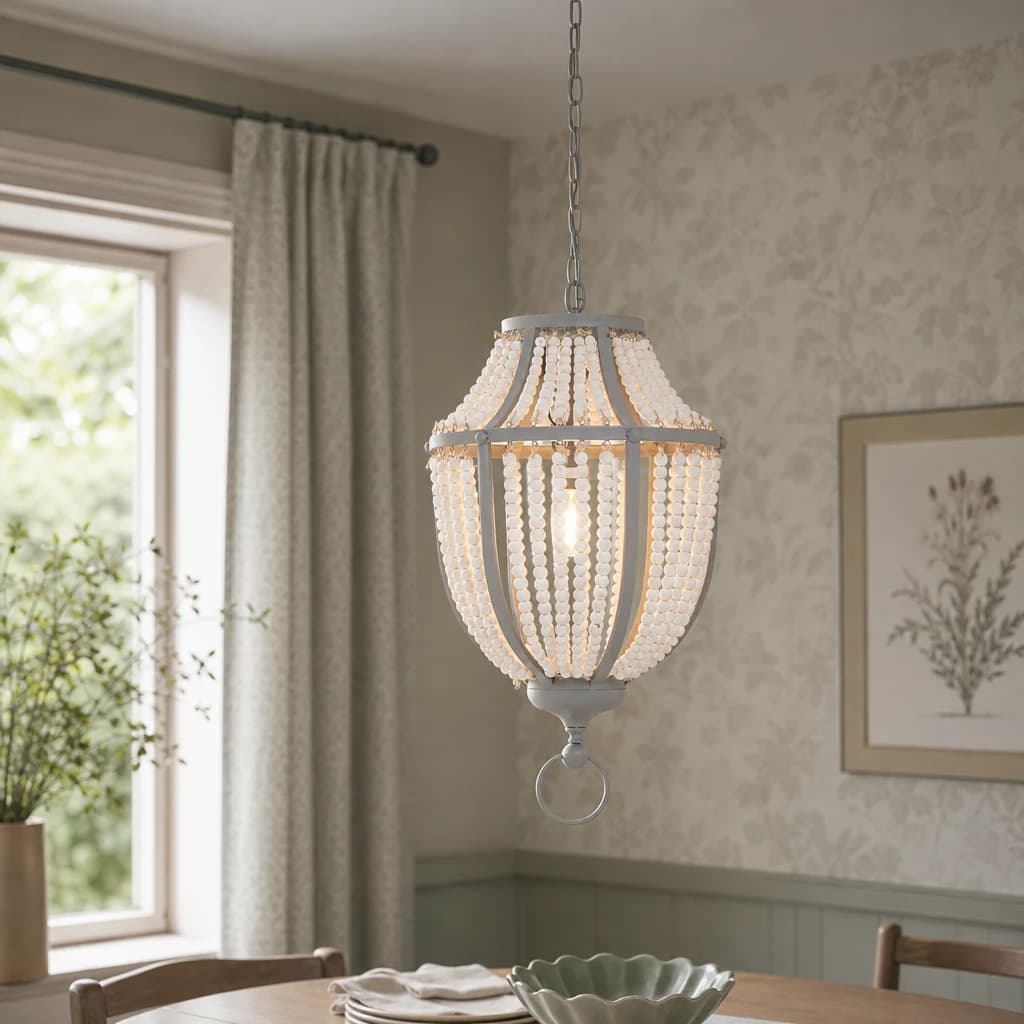 Lapiz Antique White Wooden Beads and Grey Pendant Light - Pendant lights, photo 1 of 8