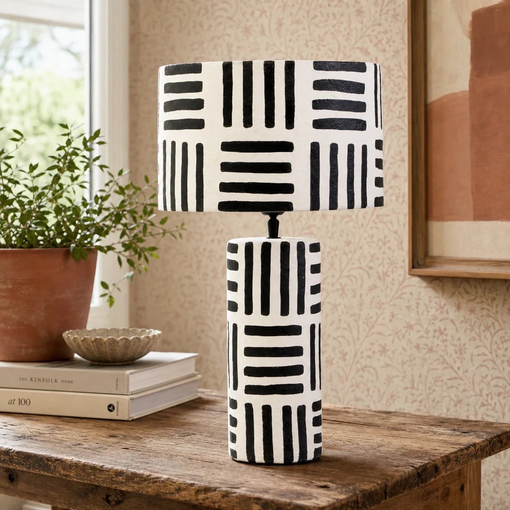 Carta Black and White Striped Papier Mache Table Lamp - Table lamps, photo 1 of 8
