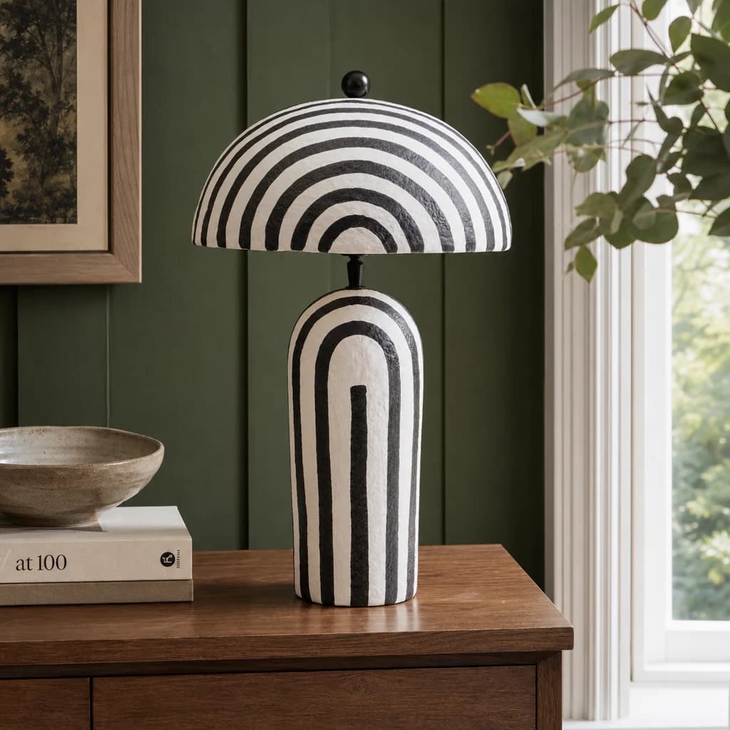 Carta Black and White Stripe Papier Mache Table Lamp with Dome Shade - Table lamps, photo 1 of 8
