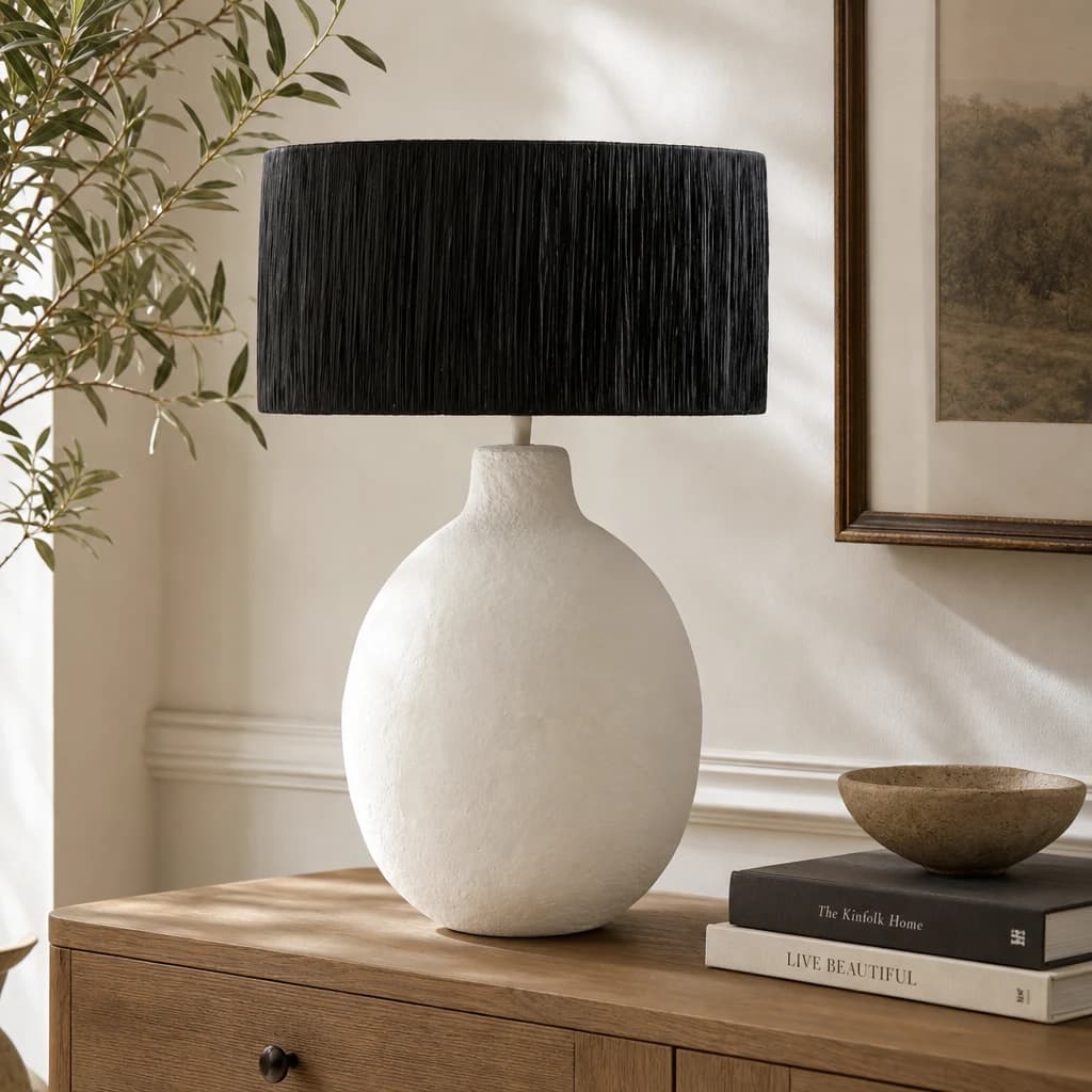 Carta White Papier Mache Table Lamp With Black Raffia Shade - Table lamps, photo 1 of 8