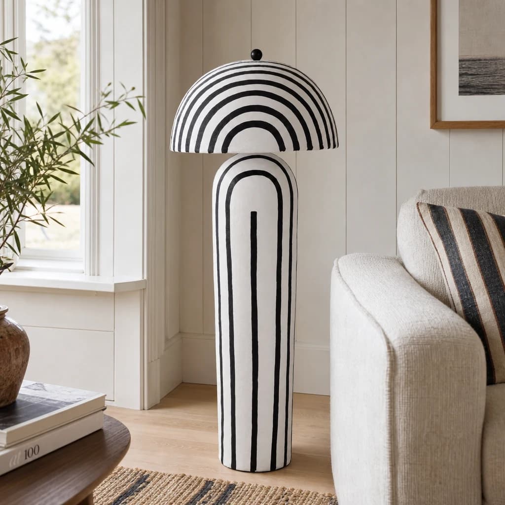 Carta Black and White Stripe Papier Mache Floor Lamp with Dome Shade - Floor lamps, photo 1 of 8