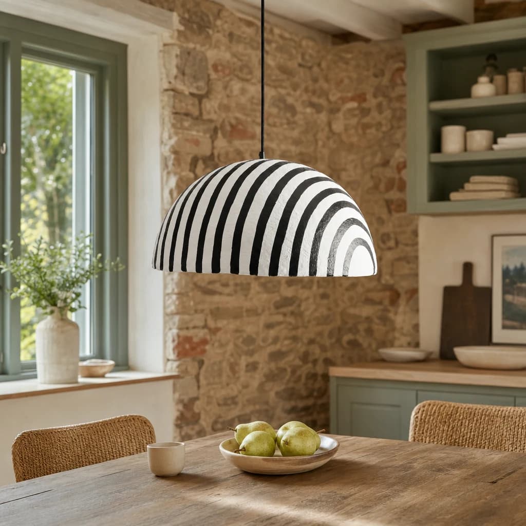 Carta Black and White Stripe Papier Mache Domed Pendant Light - Pendant lights, photo 1 of 8