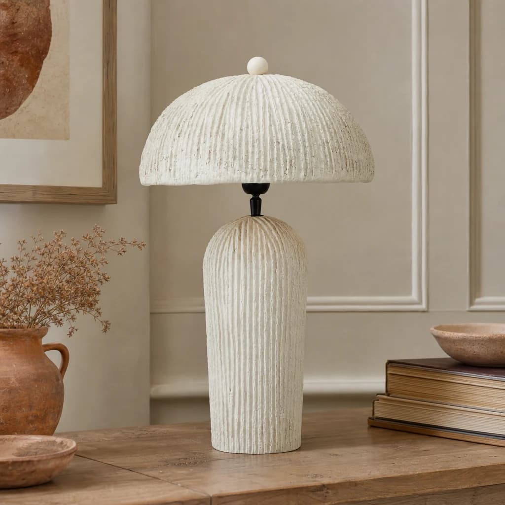 Carta Oatmeal Etched Linear Design Papier Mache Domed Table Lamp - Table lamps, photo 1 of 8