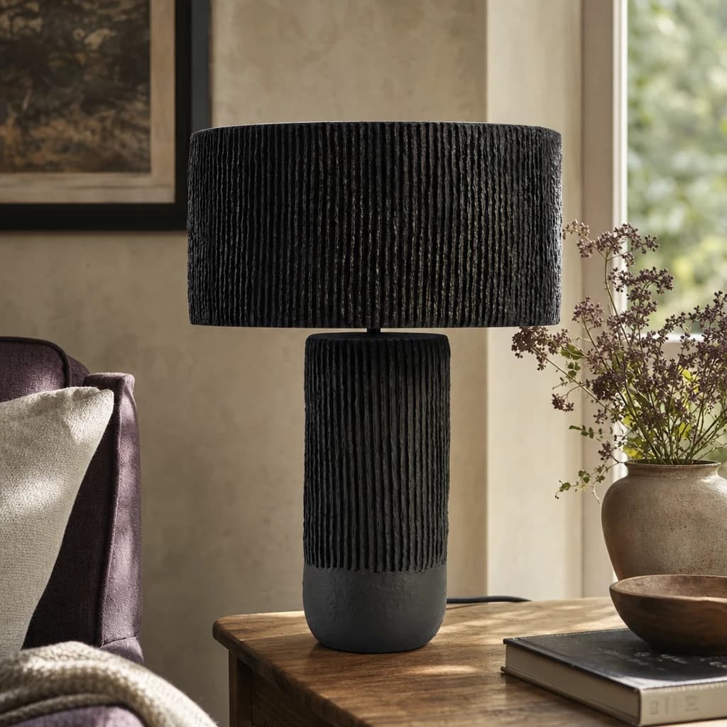 Carta Black Etched Linear Design Papier Mache Table Lamp - Table lamps, photo 1 of 8