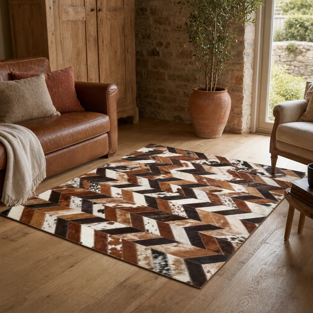 Bosie Safira Large Brown Hair on Leather Chevron Patchwork Rug - Decorative, photo 1 of 8