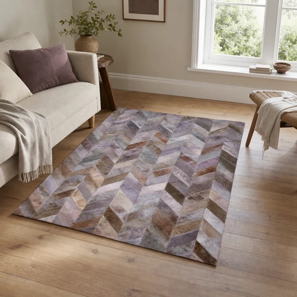 Bosie Safira Small Grey Hair on Leather Chevron Patchwork Rug - Decorative, photo 1 of 8