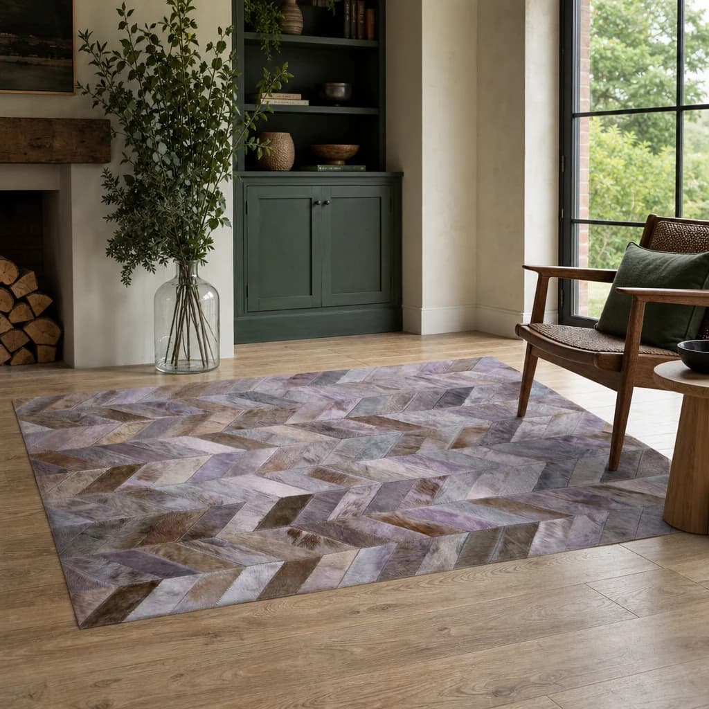 Bosie Safira Large Grey Hair on Leather Chevron Patchwork Rug - Decorative, photo 1 of 7