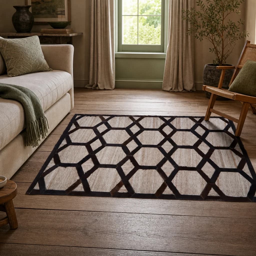 Bosie Safira Large Grey Rug with Black Hair on Leather - Decorative, photo 1 of 8