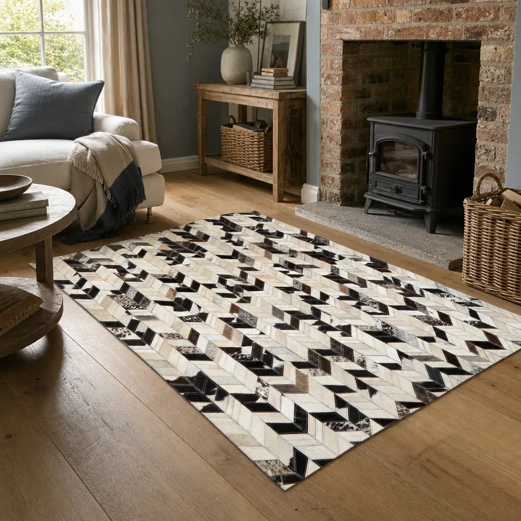 Bosie Safira Small Hair on Leather Chevron Patchwork Rug - Decorative, photo 1 of 8