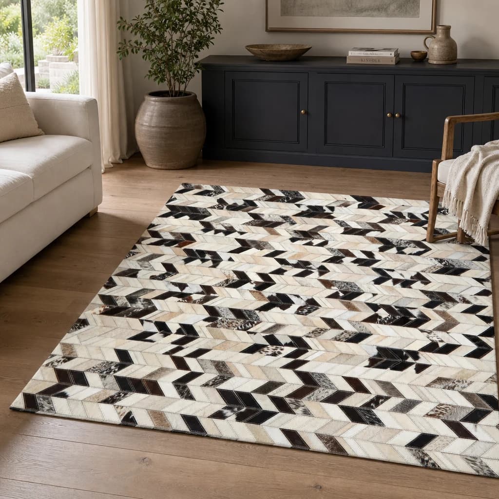 Bosie Safira Large Hair on Leather Chevron Patchwork Rug - Decorative, photo 1 of 8
