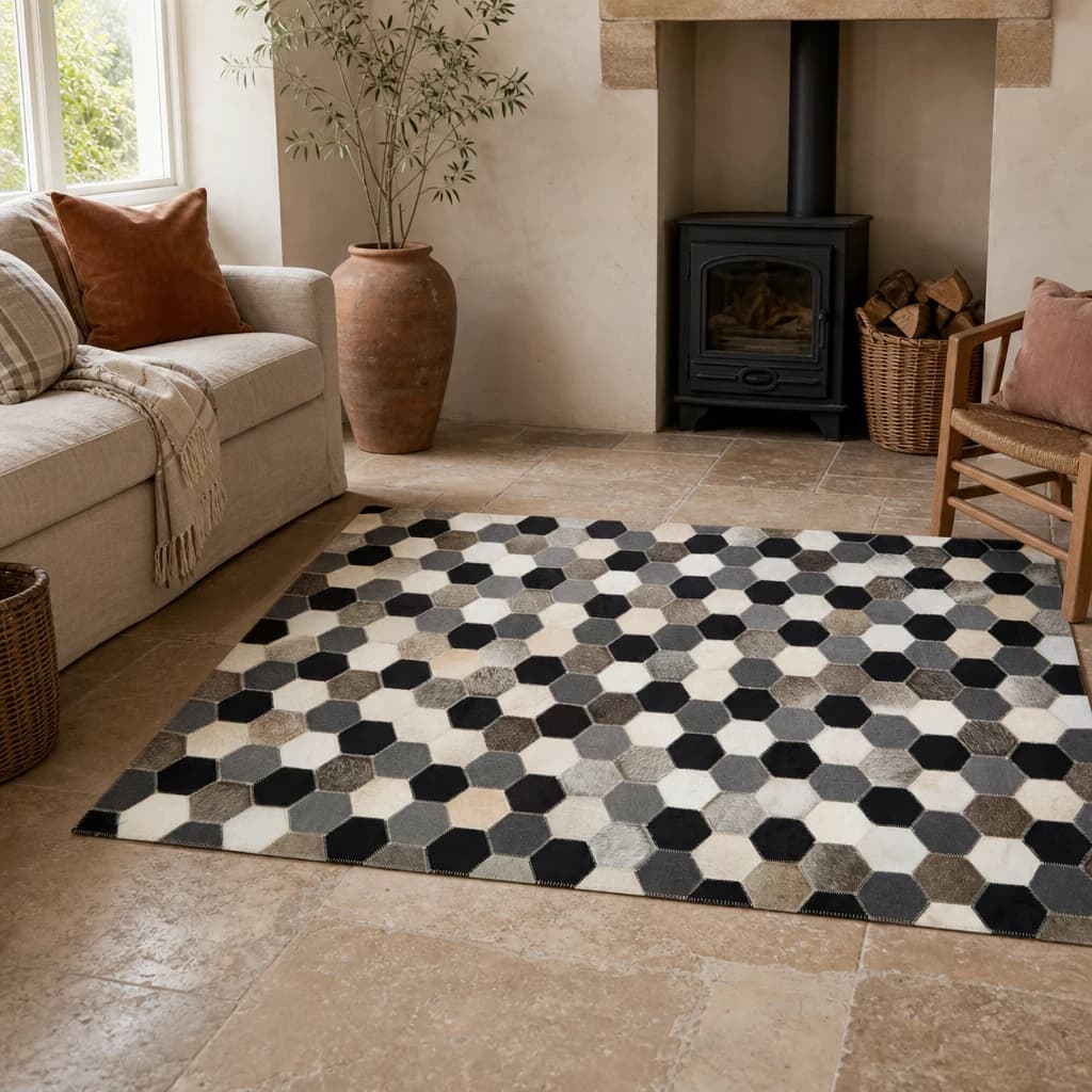 Bosie Safira Small Hair on Leather Hexagon Patchwork Rug - Decorative, photo 1 of 3