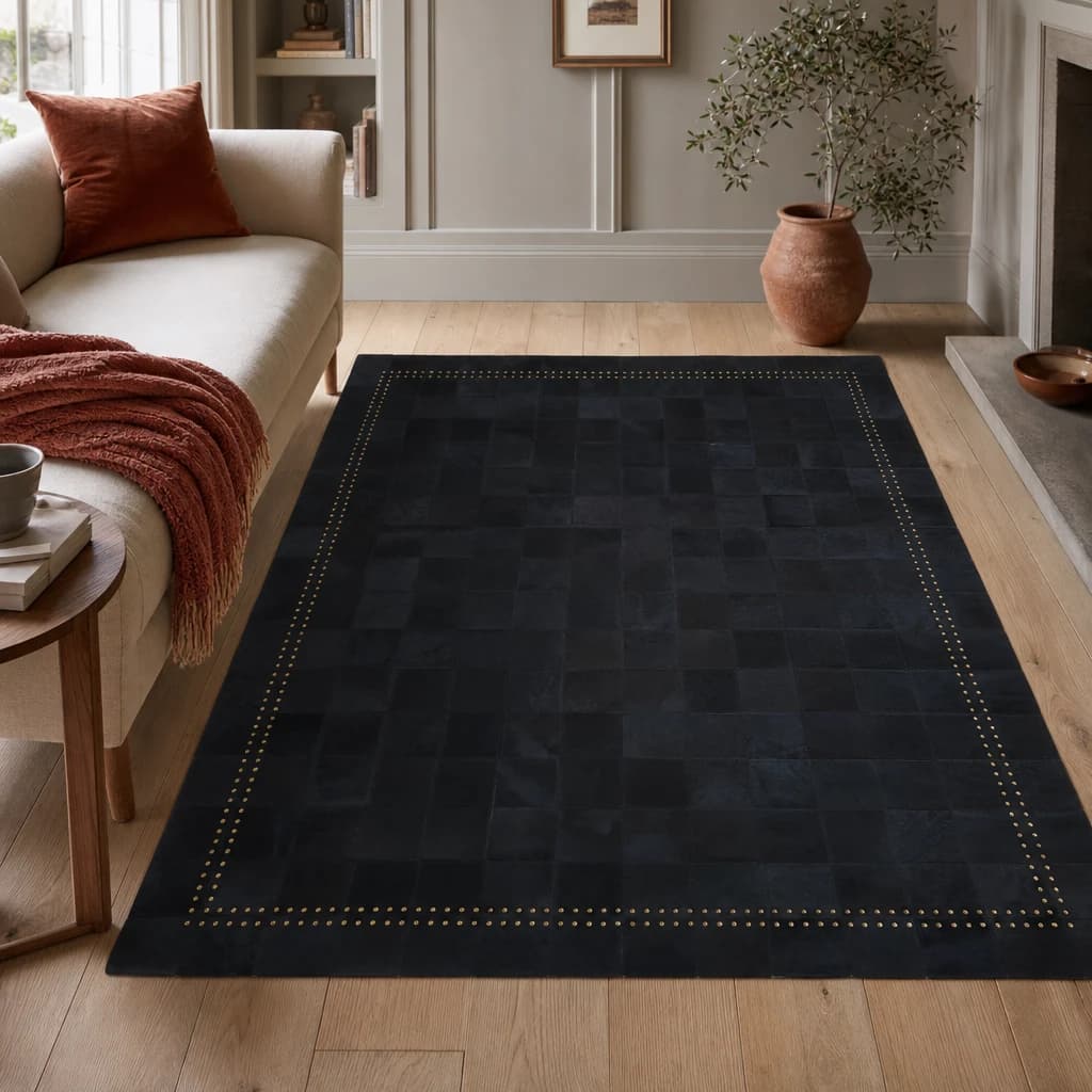 Bosie Safira Small Black hair on leather Patchwork Rug With Gold Studs - Decorative, photo 1 of 8