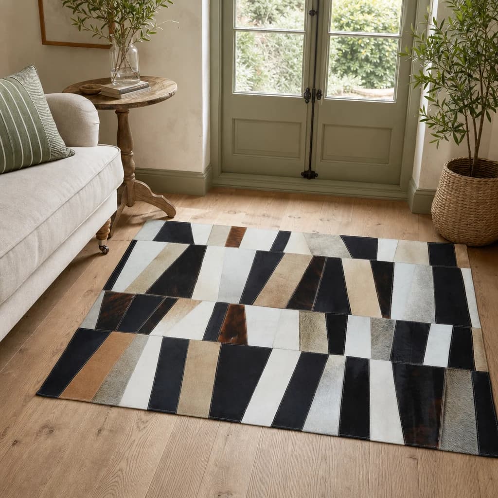 Bosie Safira Neutral Colourblock Hair on Leather Small Rug - Decorative, photo 1 of 8
