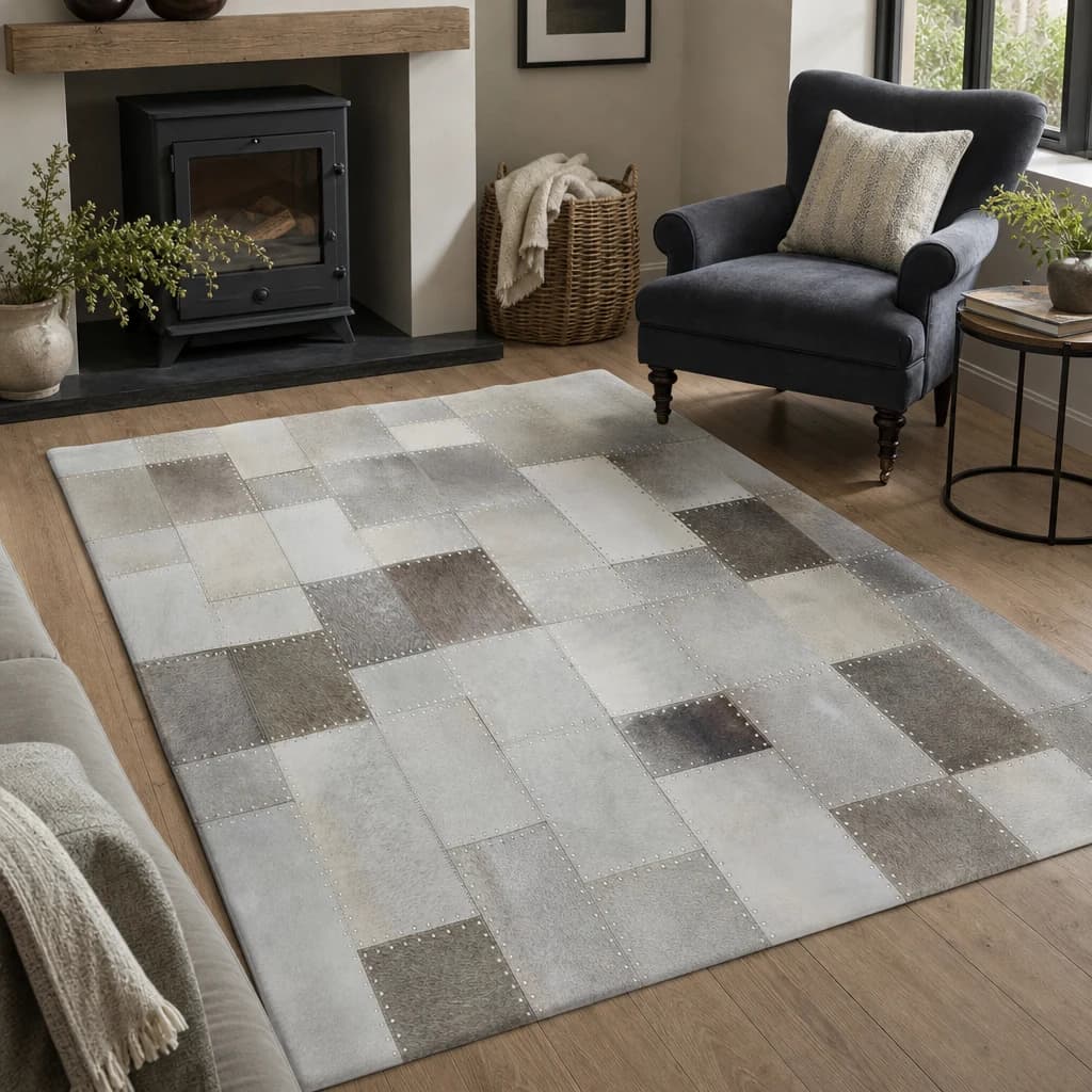 Bosie Safira Grey Hair on Leather Patchwork with Studs Small Rug - Decorative, photo 1 of 6