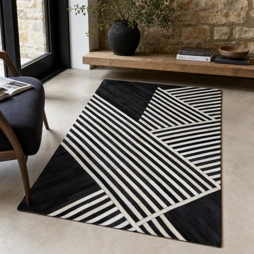 Bosie Safira Black And White Stripes Hair on Leather Small Rug - Decorative, photo 1 of 8