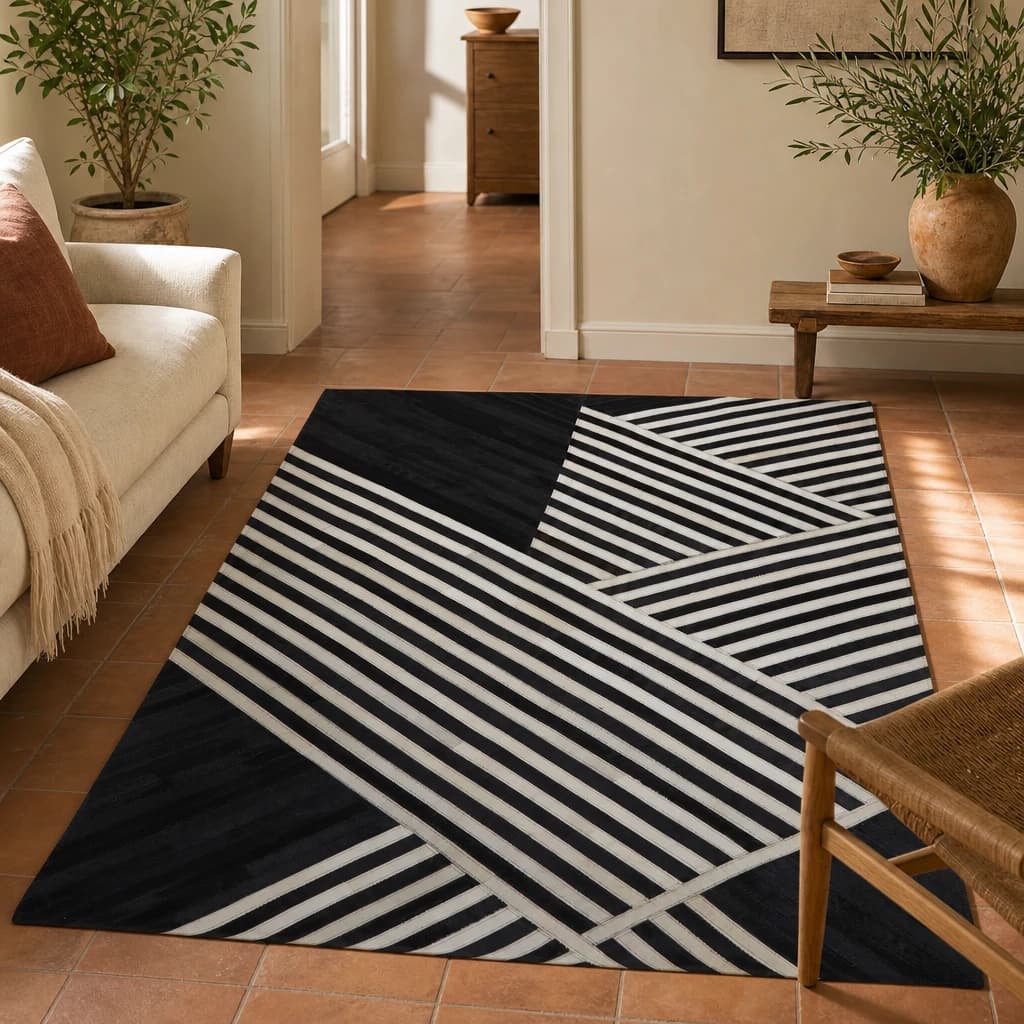 Bosie Safira Black And White Stripes Hair on Leather Large Rug - Decorative, photo 1 of 8