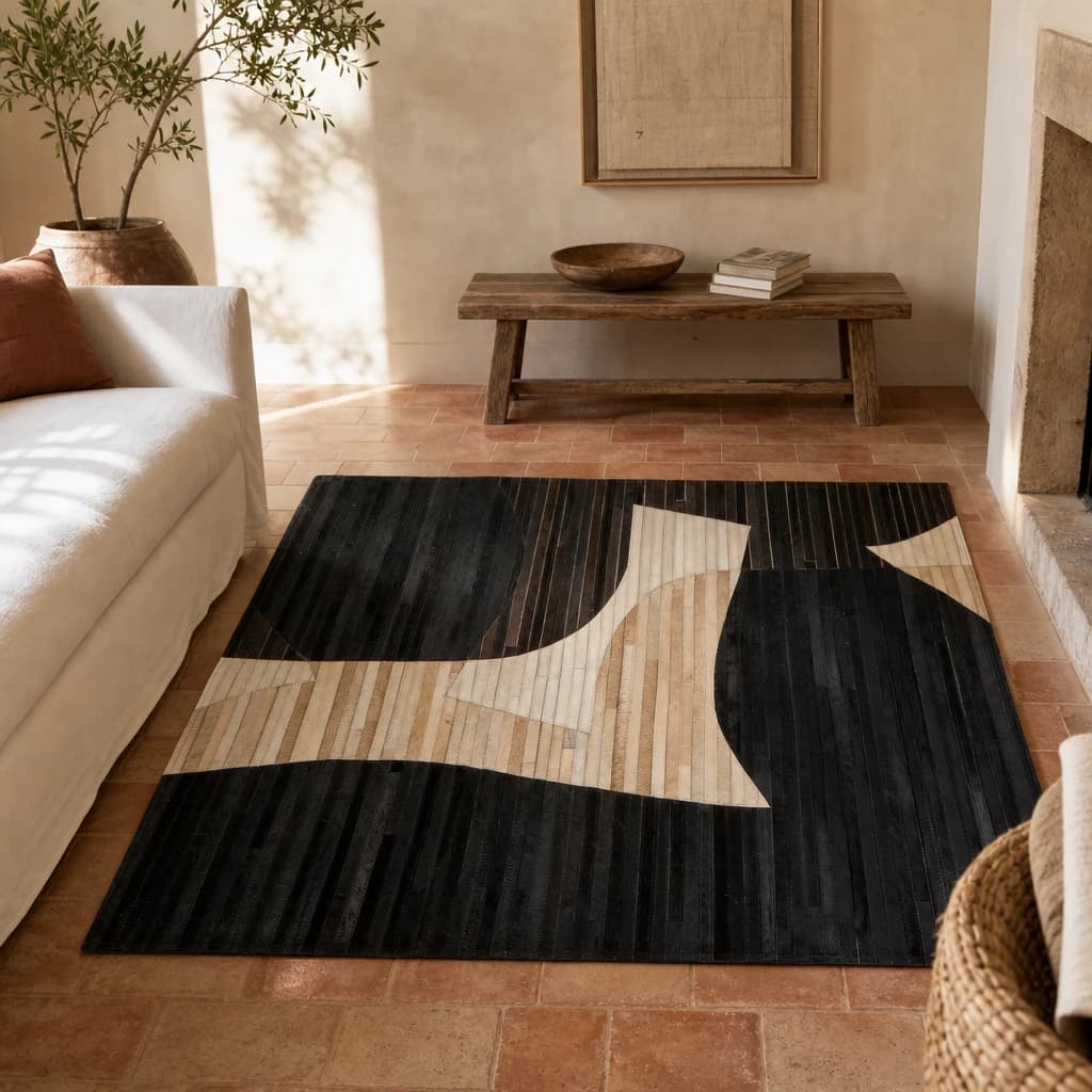 Bosie Safira Black and Natural Abstract Hair On Leather Small Rug - Decorative, photo 1 of 8