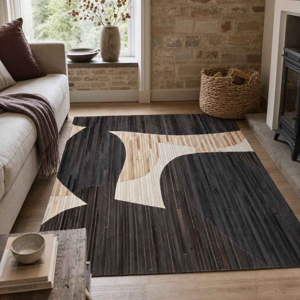 Bosie Safira Black and Natural Abstract Hair On Leather Large Rug - Decorative, photo 1 of 8