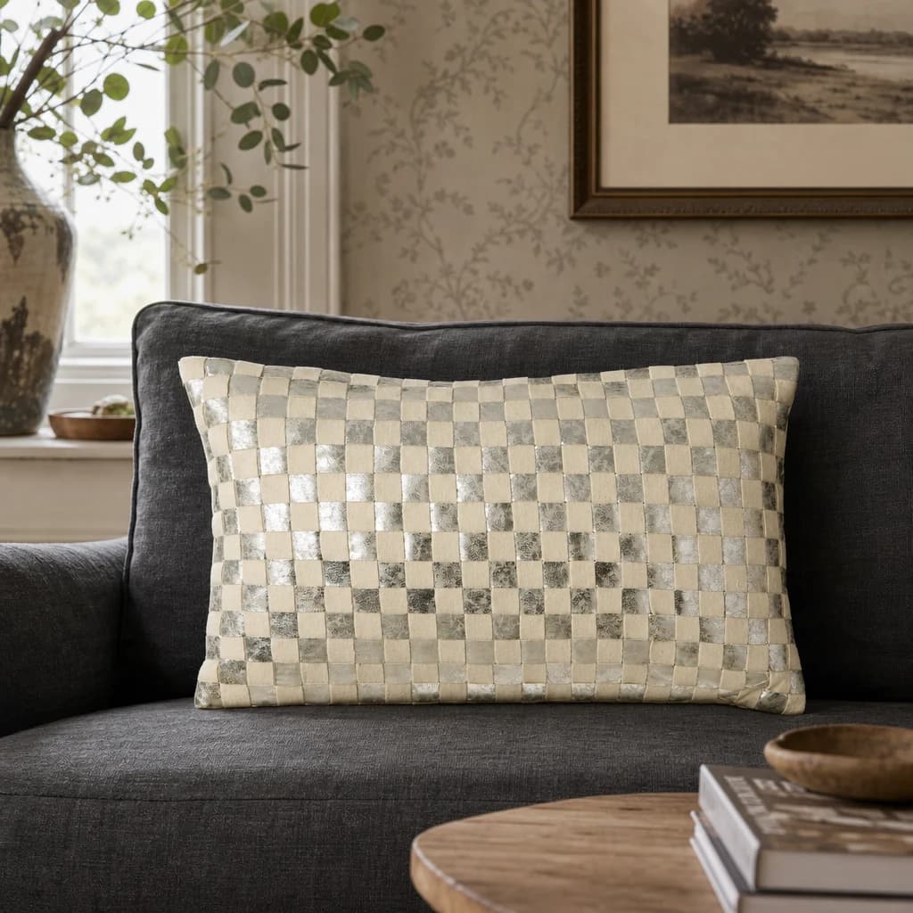Bosie Kensington Townhouse Rectangular Ivory And Silver Check Cushion - Decorative, photo 1 of 4