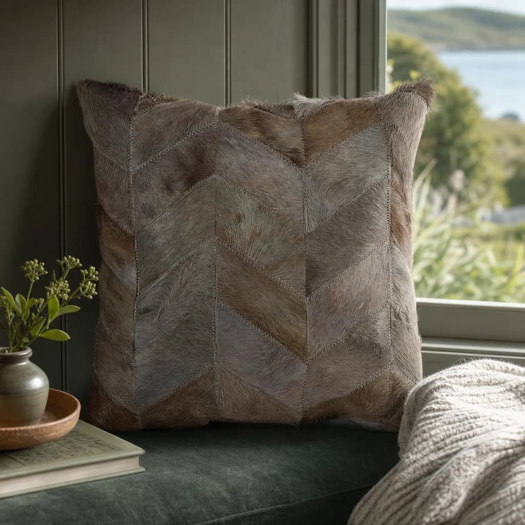 Bosie Safira Grey Chevron Hair on Leather Patchwork Cushion - Decorative, photo 1 of 6