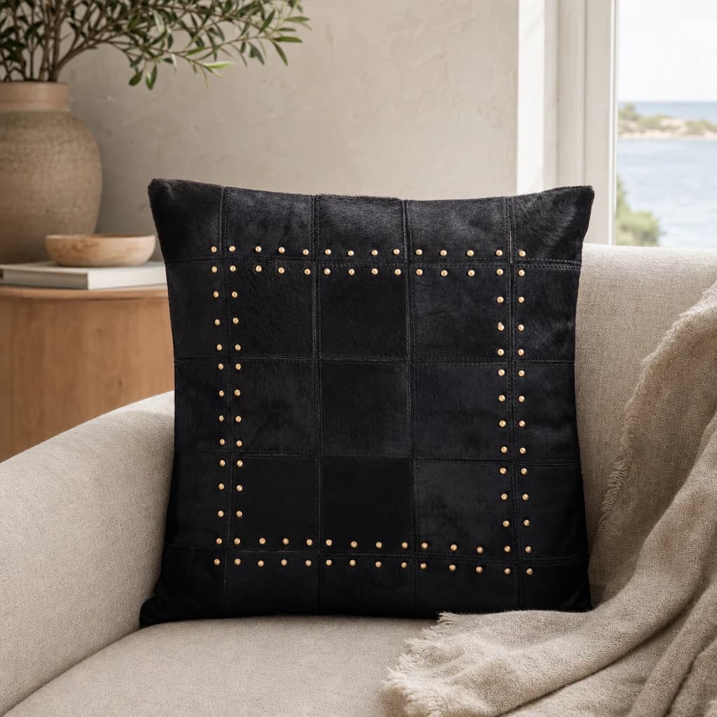 Bosie Safira Black Hair on Leather Patchwork Cushion - Decorative, photo 1 of 8