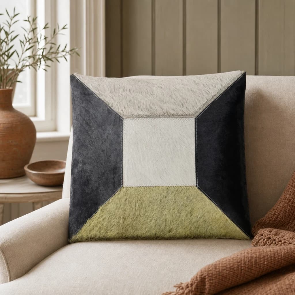 Bosie Safira Geometric Hair on Leather Patchwork Cushion - Decorative, photo 1 of 8