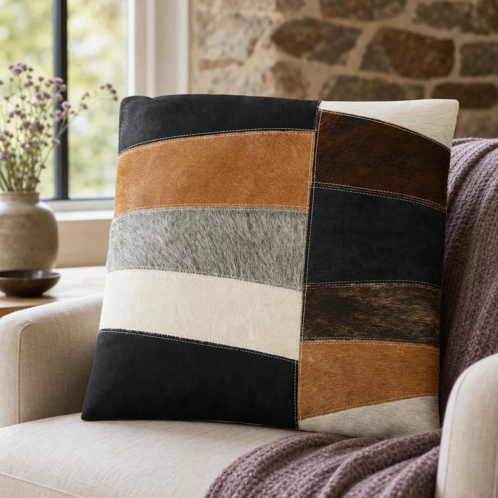 Bosie Safira Neutral Colourblock Hair on Leather Patchwork Cushion - Decorative, photo 1 of 7