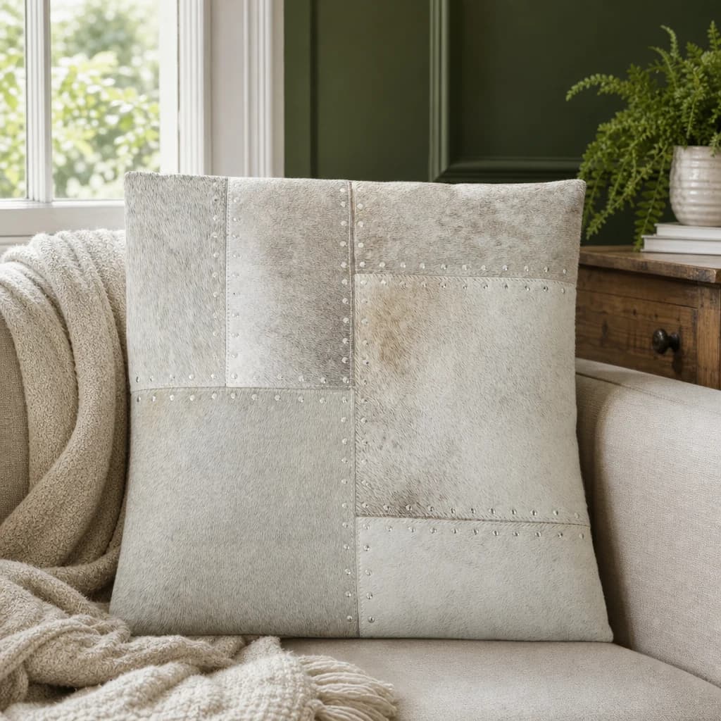 Bosie Safira Grey Hair on Leather Patchwork with Studs Cushion - Decorative, photo 1 of 6