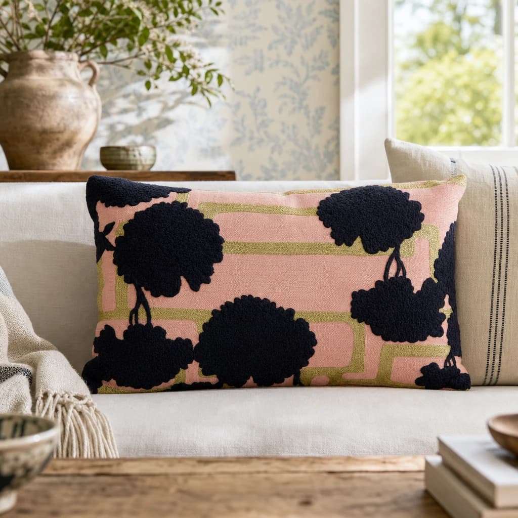 Bosie Ozella Pink and Black Floral Design Rectangular Cushion - Decorative, photo 1 of 4
