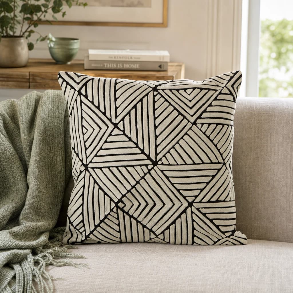 Bosie Ozella Black and Geometric Maze Design Square Cushion - Decorative, photo 1 of 8