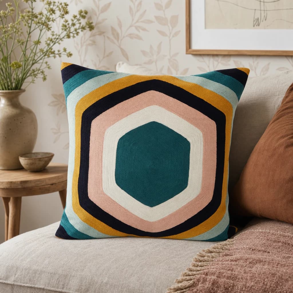 Bosie Ozella Teal and Mustard Hexagonal Design Square Cushion - Decorative, photo 1 of 8