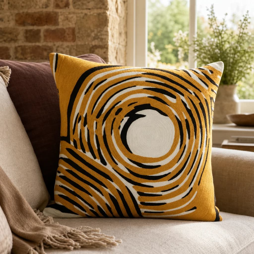 Bosie Ozella Ochre Abstract Circular Design Square Cushion - Decorative, photo 1 of 3